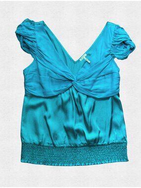 Y2K Teal Satin Twist Front Blouse Large Cap Sleeve Smocked Waist McBling Vintage